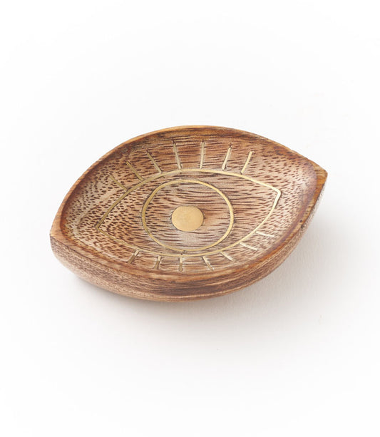 Drishti Evil Eye Jewelry Tray Trinket Dish - Wood, Brass inlay