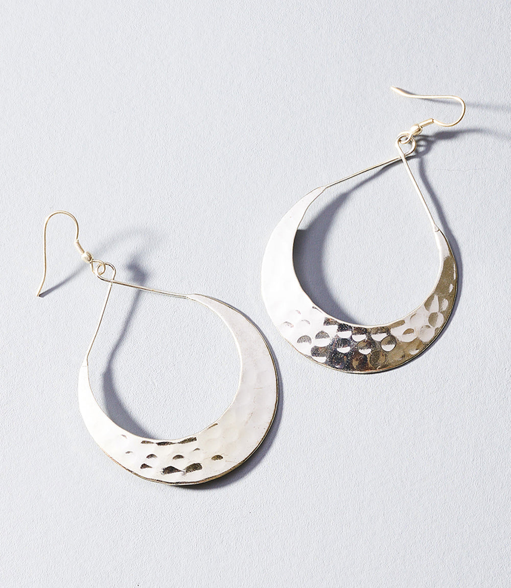 Lunar Crescent Hammered Shiny Silver Hoop Earrings