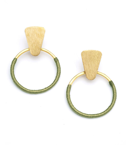 Kaia Gold Hoop Earrings - Olive Green Thread Wrapped