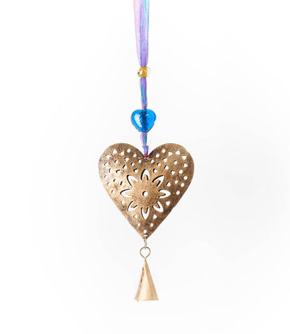 Chakshu Heart Bell Wind Chime Upcycled Sari - Handmade Decor