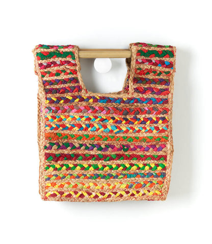 Chindi Multicolor Wooden Handle Handbag - Hand Woven