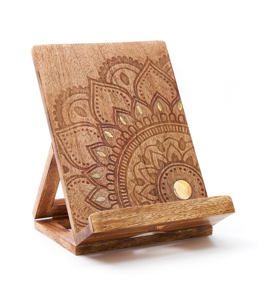 Mandala Book and Tablet Stand - Hand Carved Mango Wood - Matr Boomie Wholesale