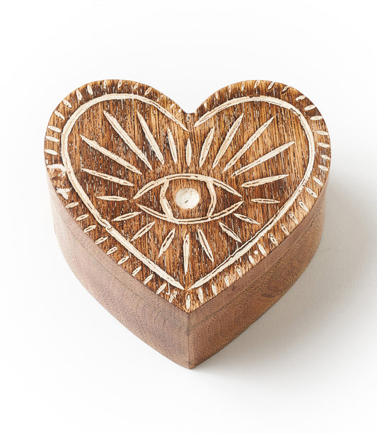 Drishti Evil Eye Heart Box with Swivel Lid - Hand Carved Wood - Matr Boomie Wholesale