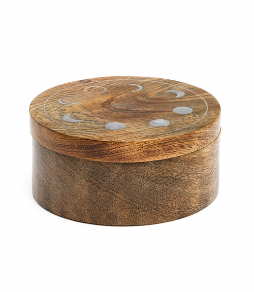 Indukala Moon Phase Round Pivot Box - Handcrafted Mango Wood