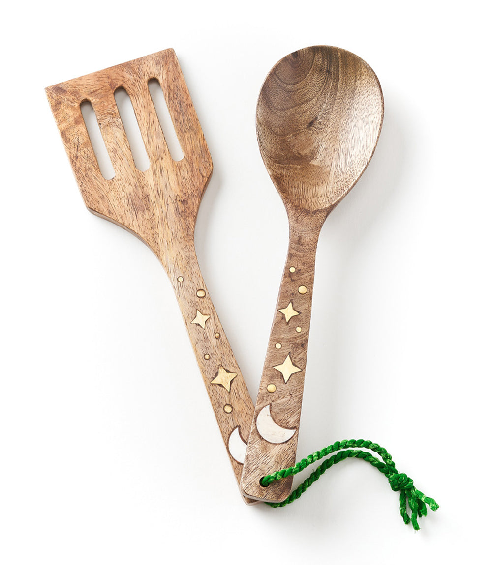 Nakshatra Moon Stars Serving Utensils Set - Carved Wood, Bone