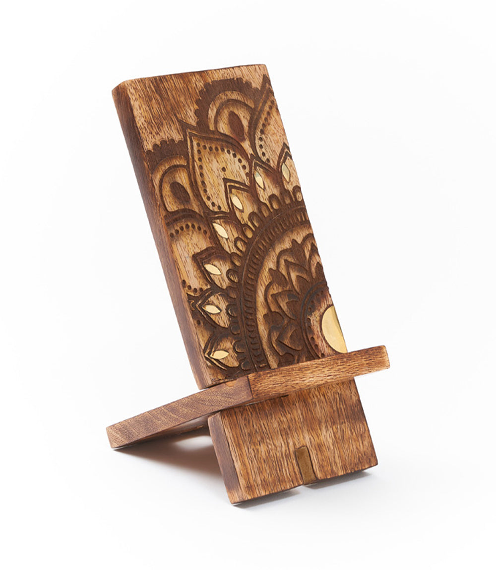 Mandala Phone Holder - Mango Wood, Brass Inlay - Matr Boomie Wholesale