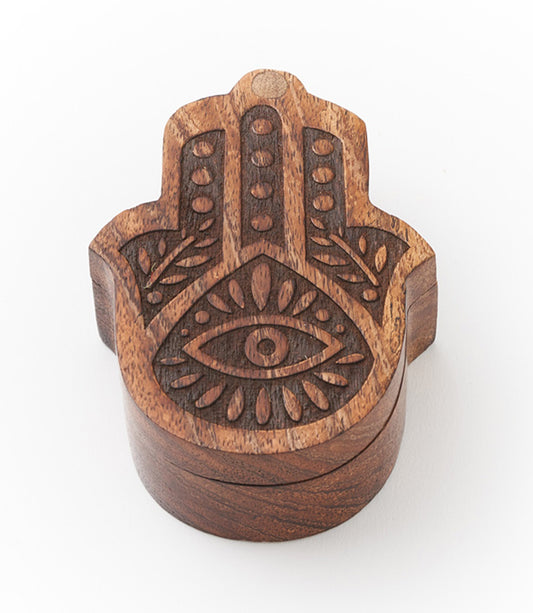 Hamsa Salt Cellar Spice Box Swivel Lid - Hand Carved Wood