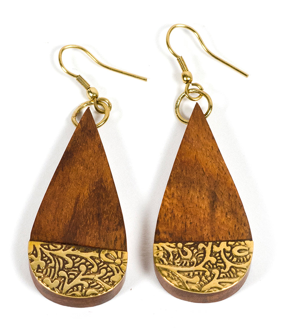 Earth and Fire Teardrop Earrings - Wood, Etched Brass - Matr Boomie Wholesale