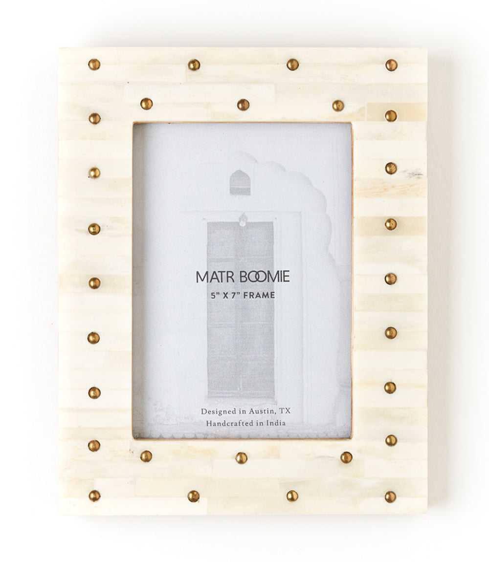 Mukhendu 5x7 Picture Frame - Carved Bone, Brass Studs - Matr Boomie Wholesale