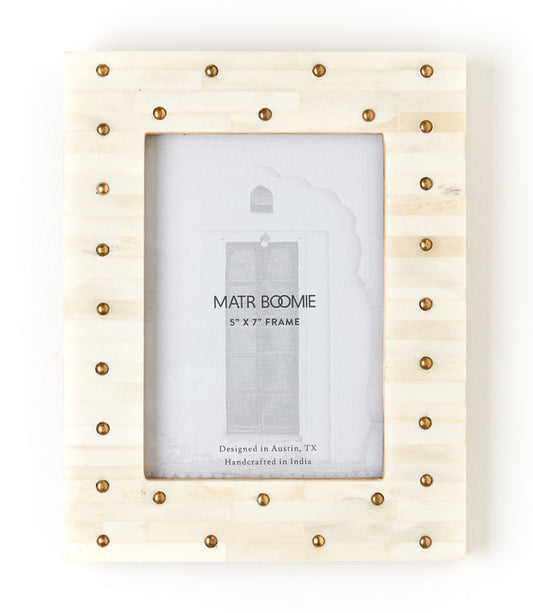 Mukhendu 5x7 Picture Frame - Carved Bone, Brass Studs