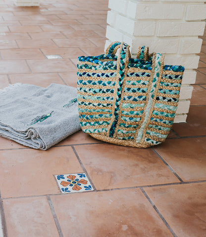 Chindi Blue Beach Bag Tote - Upcycled Fabric, Hand Woven