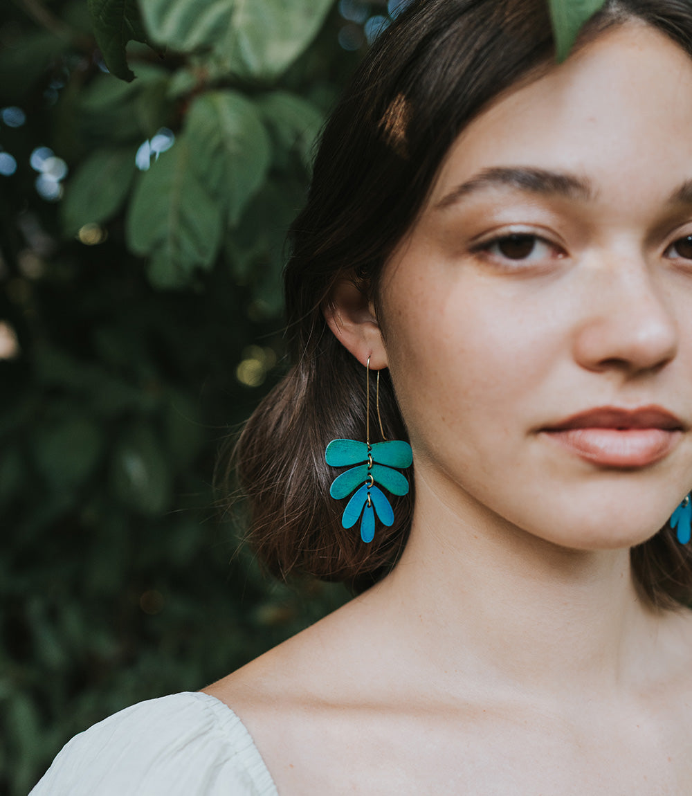 Chameli Dangling Leaf Earrings - Teal Patina