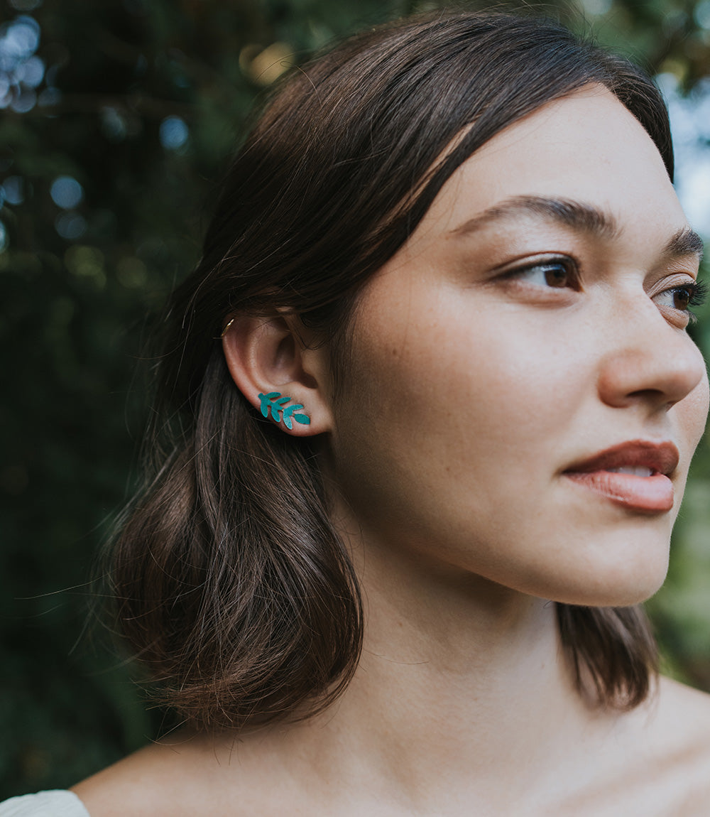 Chameli Stud Earrings, Set of 2 - Gold Dot, Teal Fern Leaf