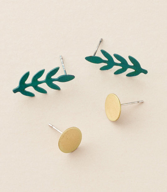 Chameli Stud Earrings, Set of 2 - Gold Dot, Teal Fern Leaf - Matr Boomie Wholesale