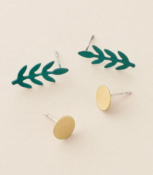 Chameli Stud Earrings, Set of 2 - Gold Dot, Teal Fern Leaf