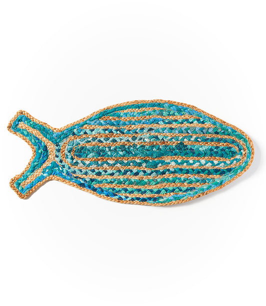 Chindi Rug Fish Pet Food Mat - Blue, Hand Woven