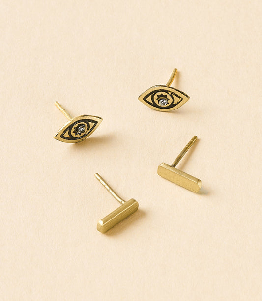 Ruchi Evil Eye Tiny Bar Gold Stud Earrings Set of 2 - Matr Boomie Wholesale