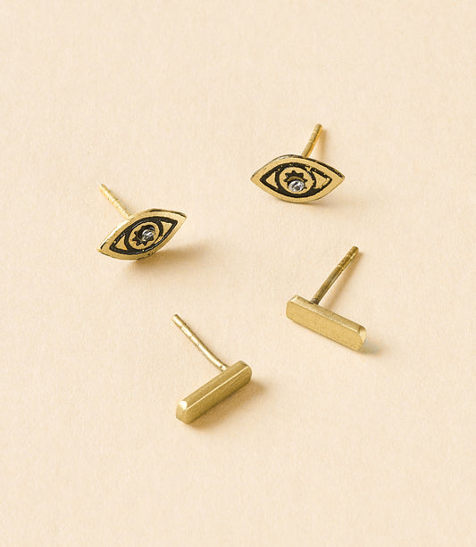 Ruchi Evil Eye Tiny Bar Stud Earrings - Set of 2