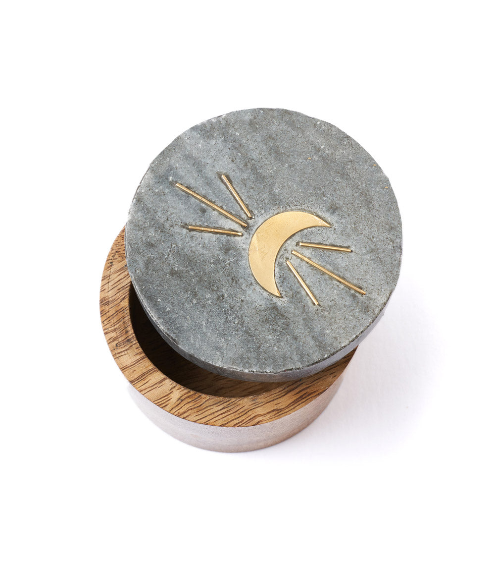 Indukala Moon Phase Round Keepsake Box - Black Marble, Wood, Brass