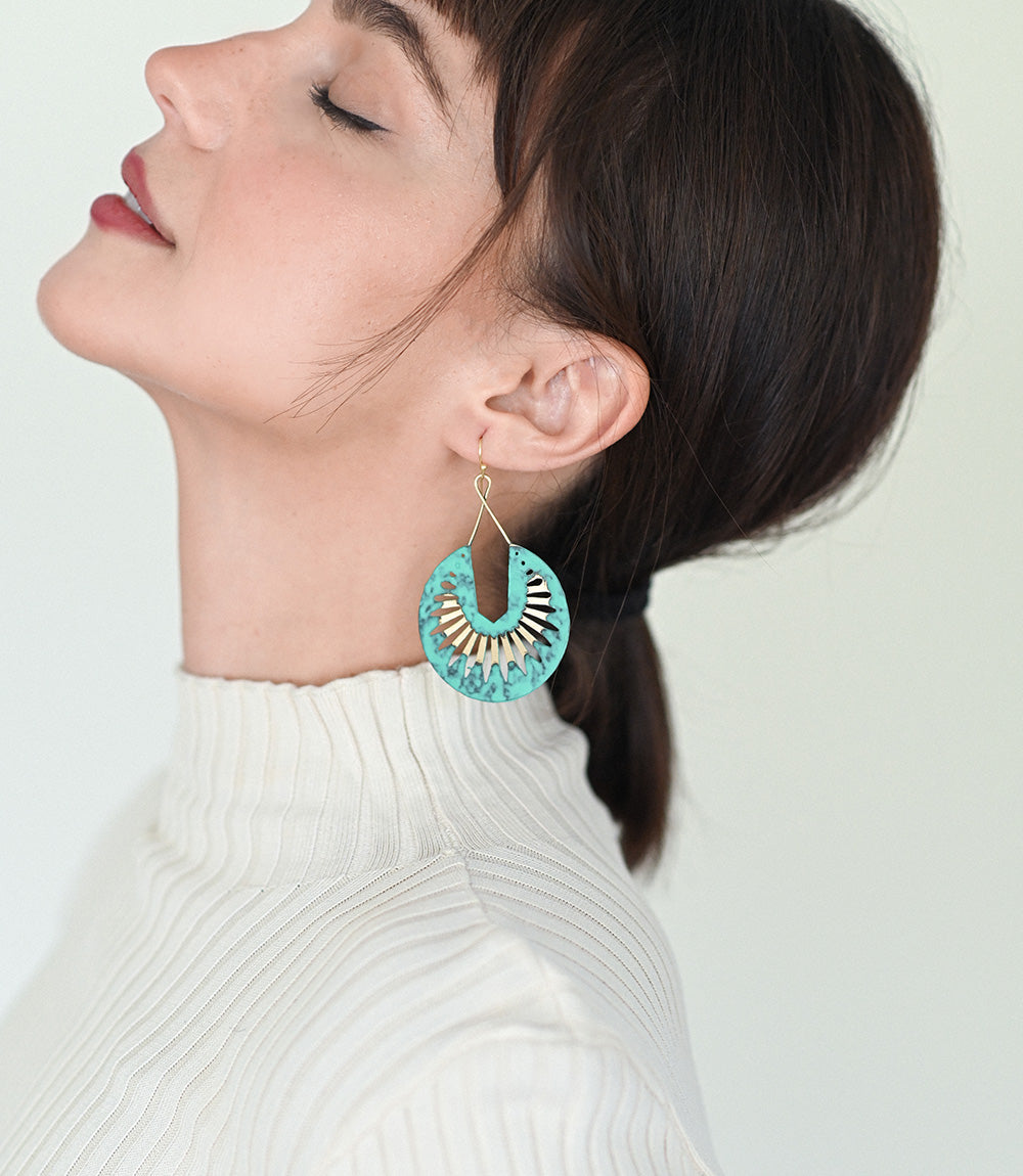 Nihira Teal Patina Dangling Hoop Earrings