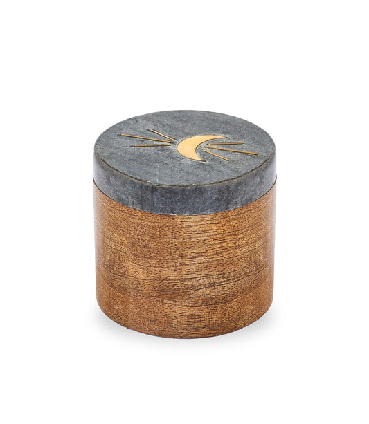 Indukala Moon Phase Round Keepsake Box - Black Marble, Wood, Brass