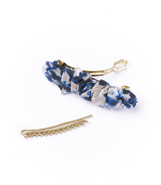 Scrunch Barrette, Beaded Bobby Pin Set of 2 - Assorted Upcycled Sari
