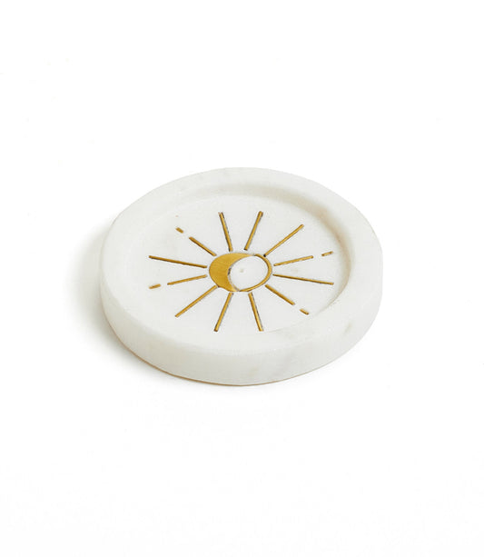 Indukala Round Moon Incense Holder - White Carved Marble