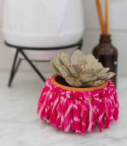 Macrame Tassel Plant Pot - Terracotta, Upcycled Sari Fabric