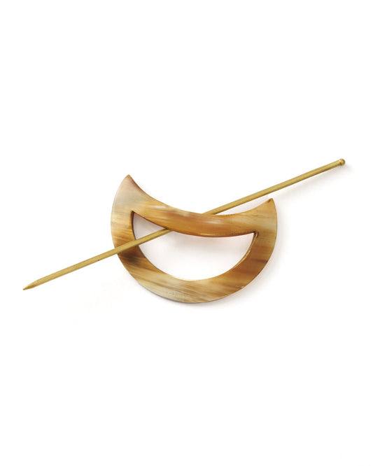 Kachhua Moon Hair Slide with Stick - Brass, Carved Horn