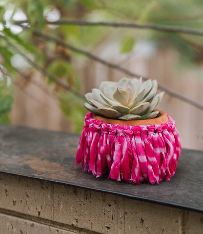 Macrame Tassel Plant Pot - Terracotta, Upcycled Sari Fabric