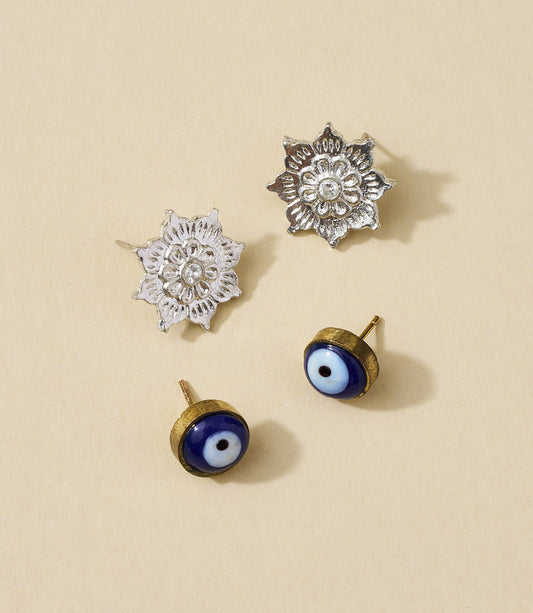 Drishti Evil Eye Charm Stud Earrings - Set of 2