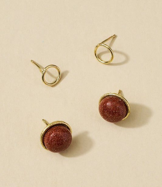 Indali Goldstone Stud Earrings - Set of 2 Semi Precious