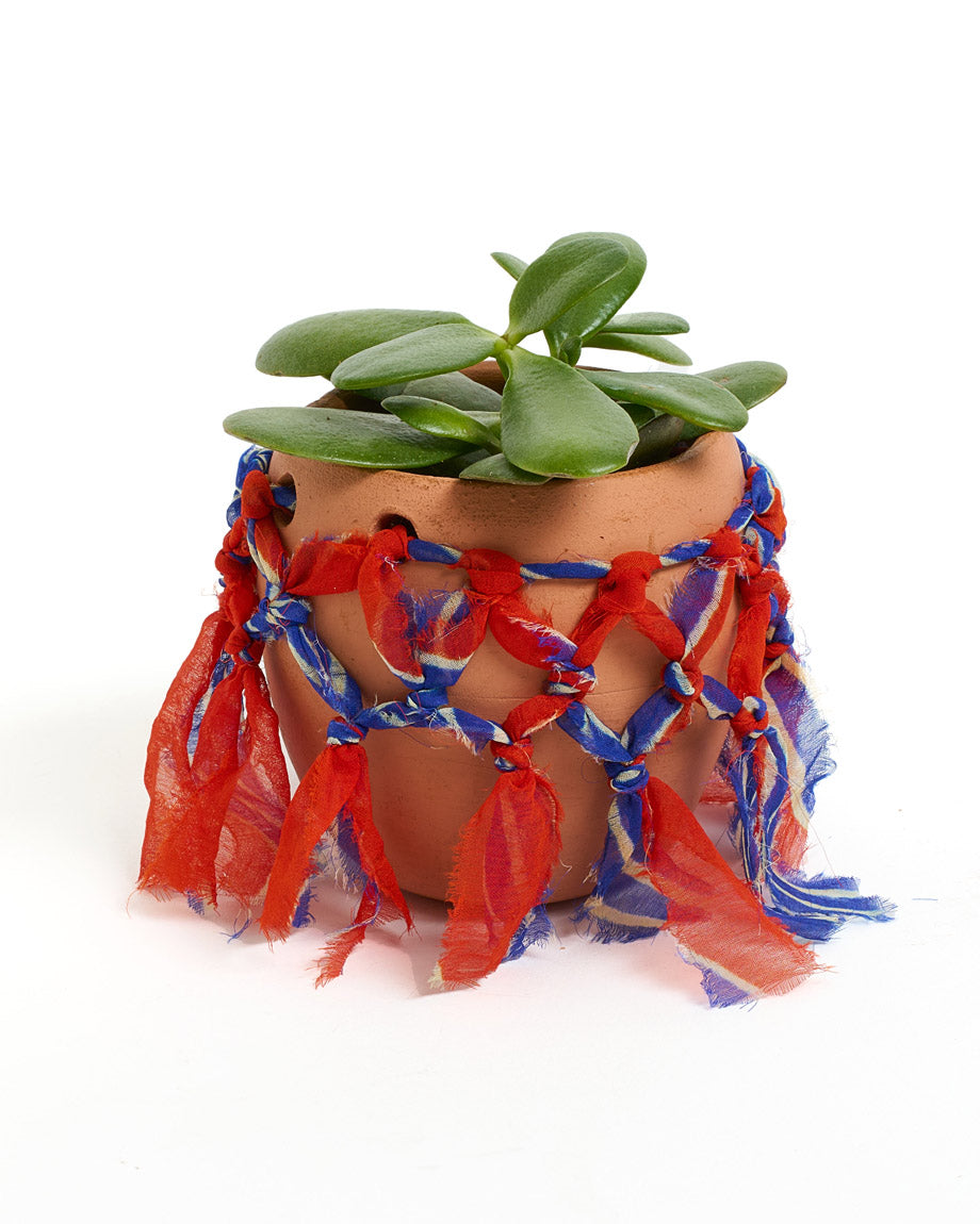 Macrame Plant Pot - Terracotta, Upcycled Sari Fabric