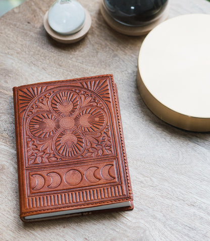 Embossed Brown Leather Moon Phase 5x7 Journal - Refillable Cruelty-Free
