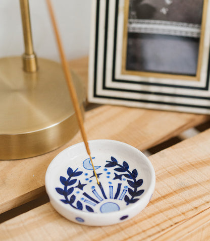 Lalita Round Incense Holder - Hand Painted Blue & White