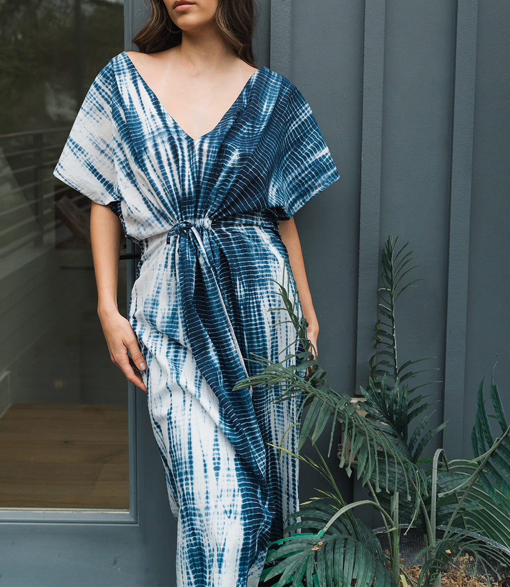 Shibori Tie Dye Kaftan - S/M, Indigo, White Loungewear