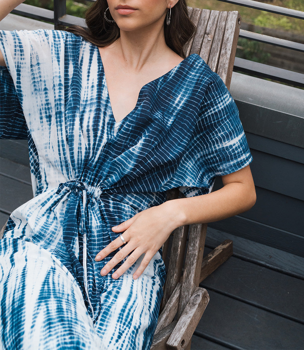 Shibori Tie Dye Kaftan - L/XL, Indigo, White Loungewear