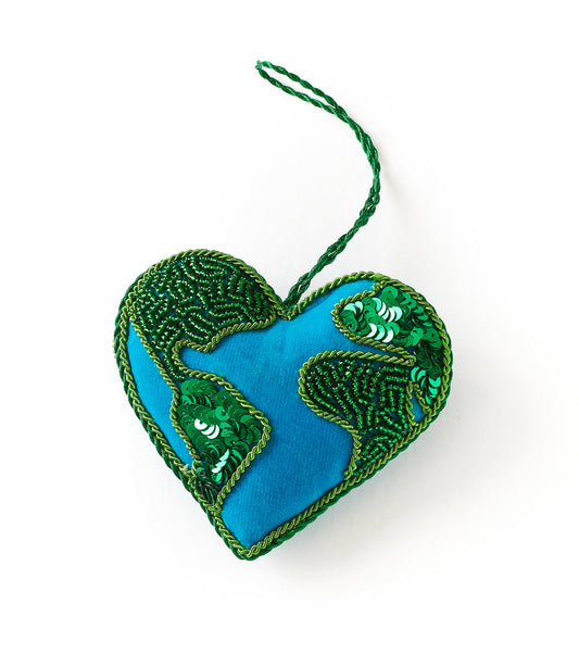 Larissa Plush Heart Earth Beaded Felt Ornament - Embroidered