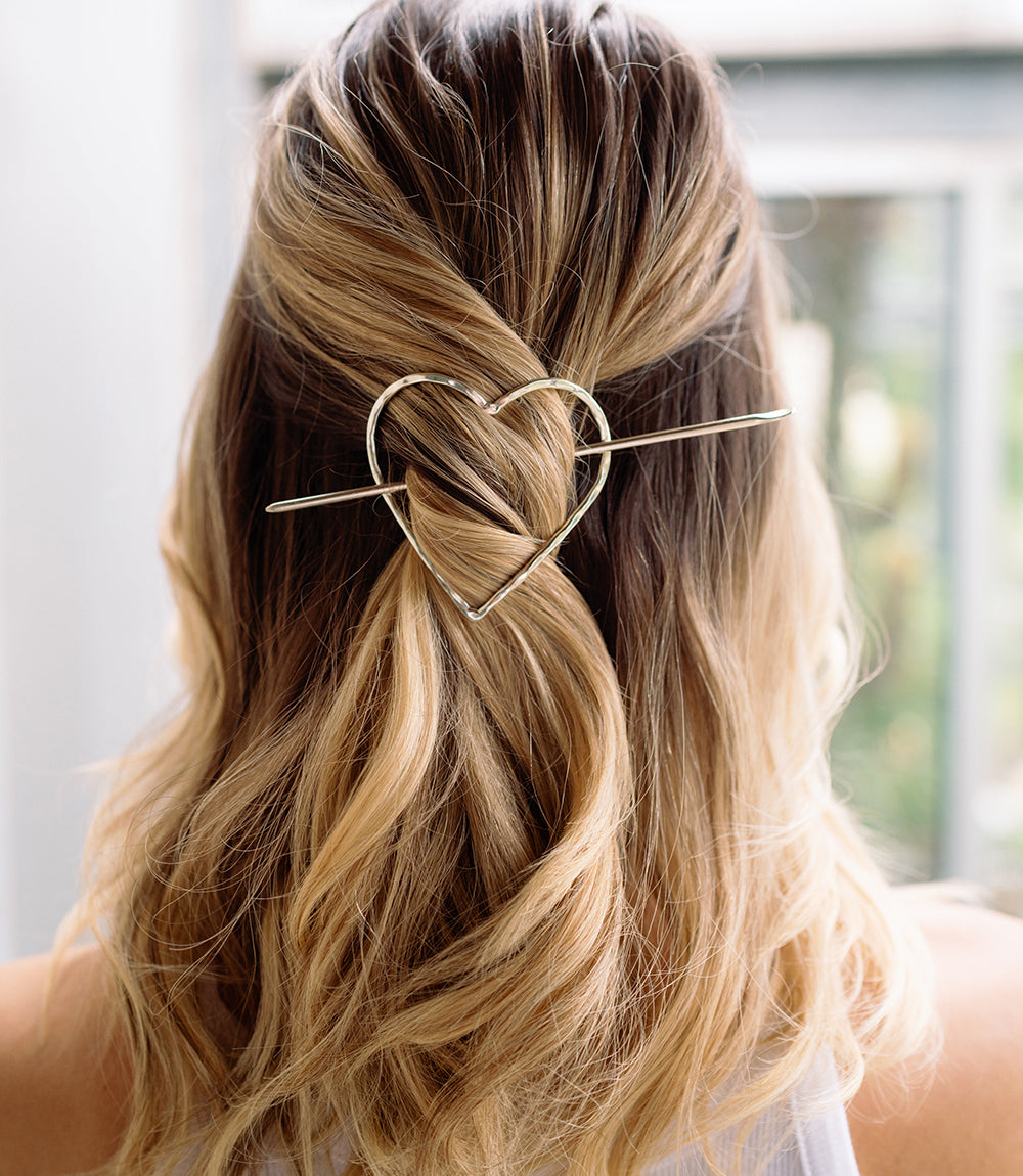 Alaya Heart Hair Pin - Slide with Stick - Silver