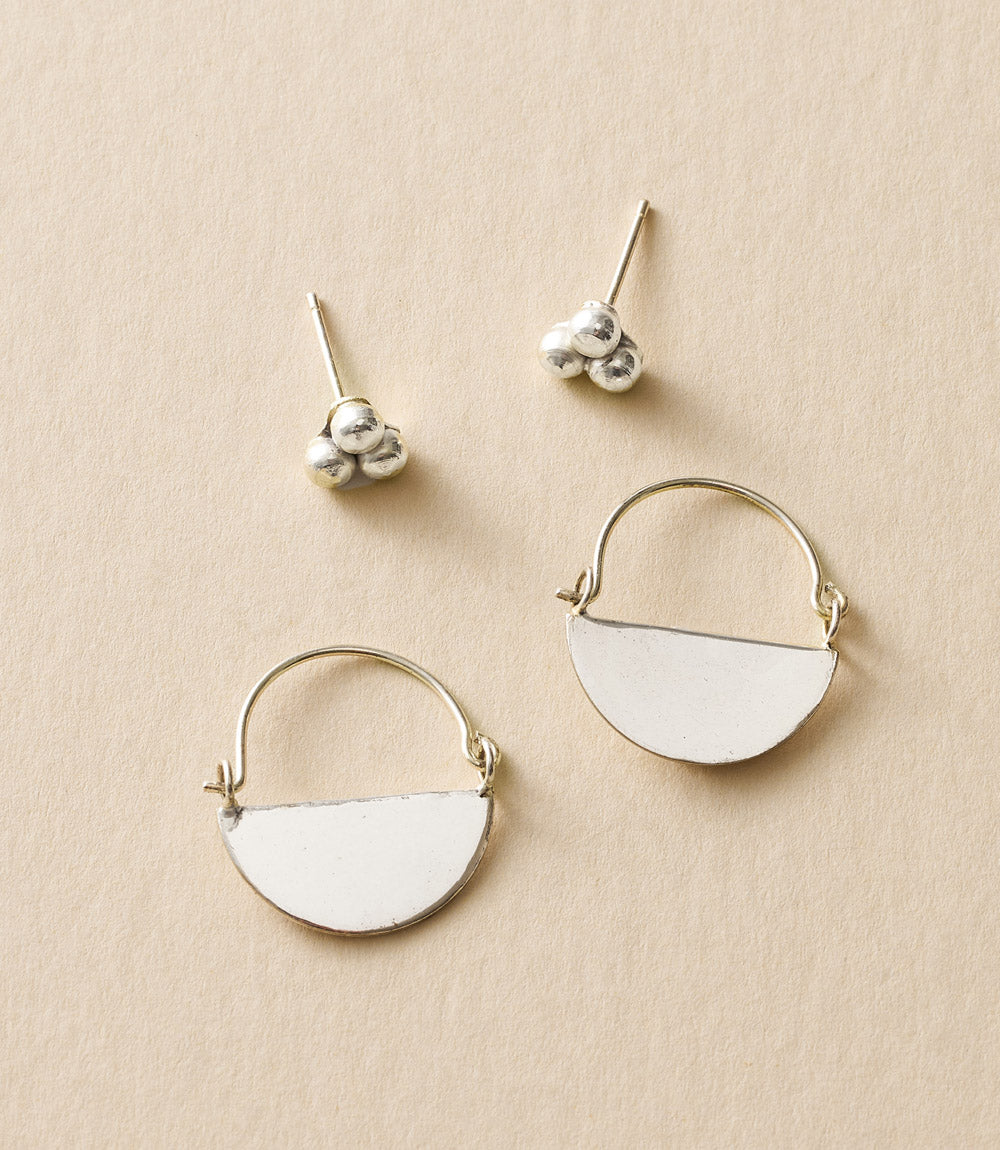 Diya Silver Stud and Hoop Earrings - Fair Trade, Set of 2