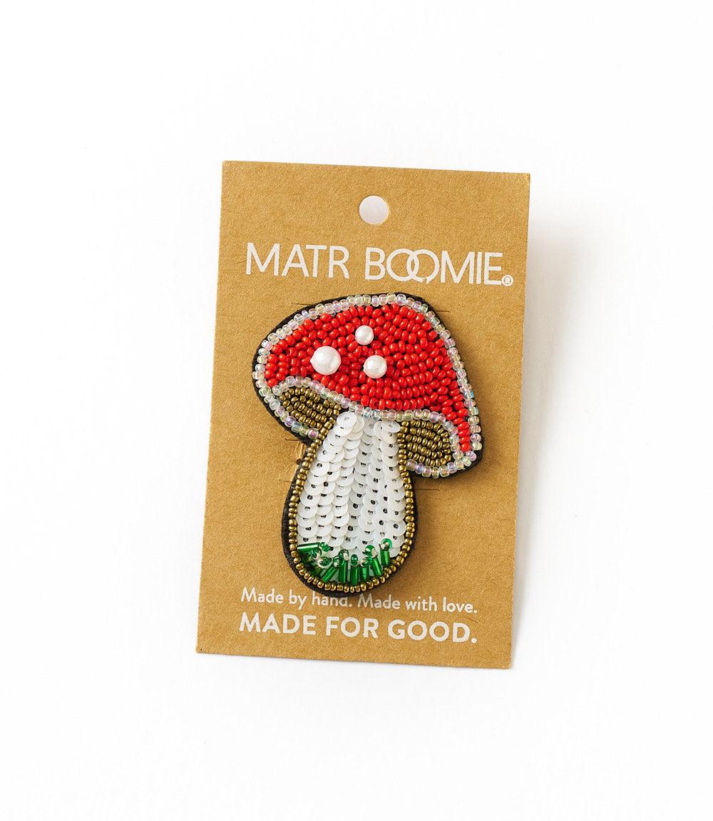 Bala Mani Beaded Mushroom Brooch Pin - Handmade