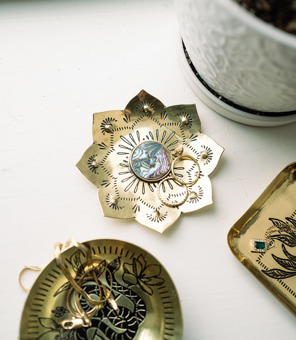 Kairavini Lotus Trinket Dish - Etched Brass, Abalone