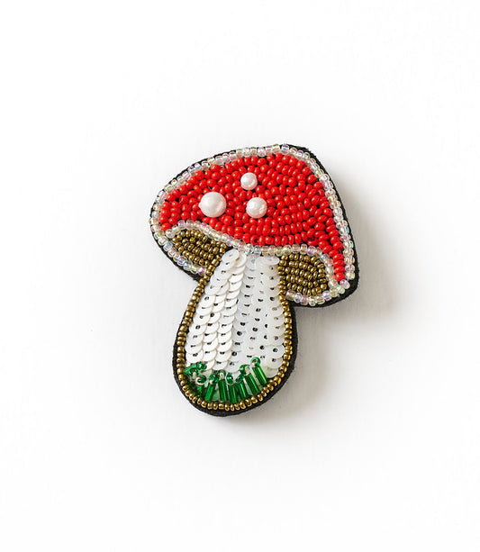 Bala Mani Beaded Mushroom Brooch Pin - Handmade
