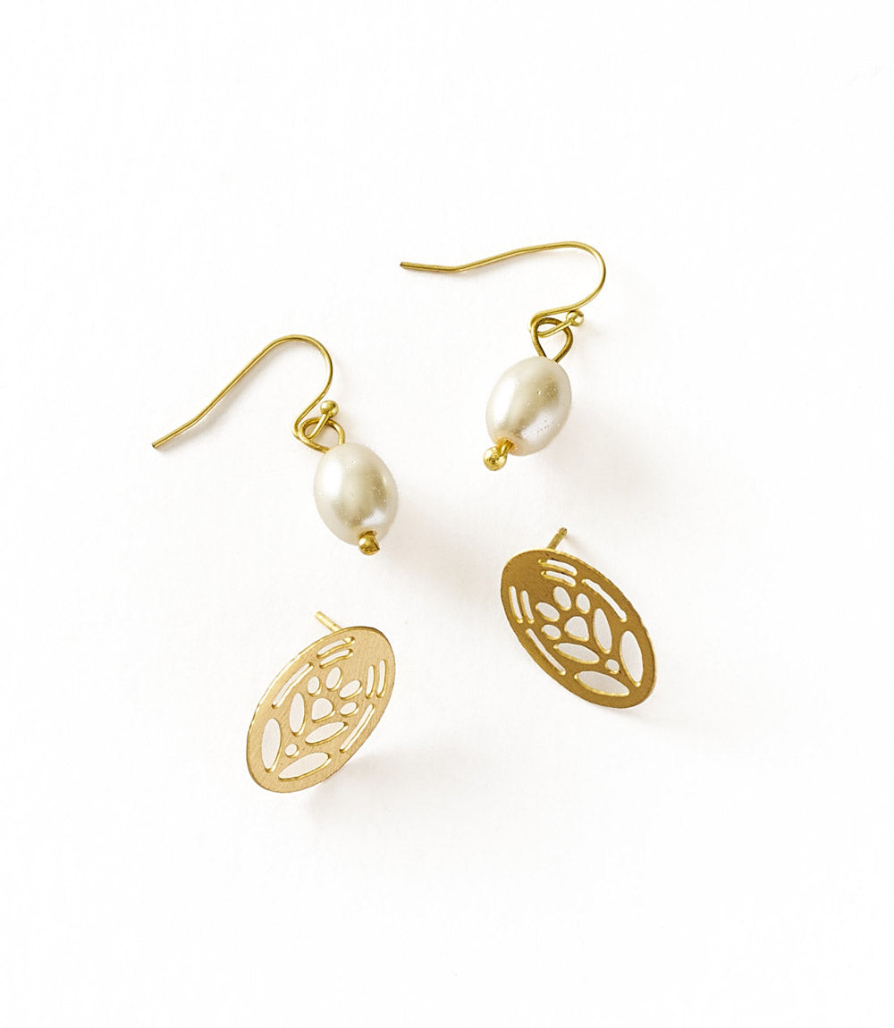 Adhya Pearl and Oval Stud Earrings - Gold, Set of 2