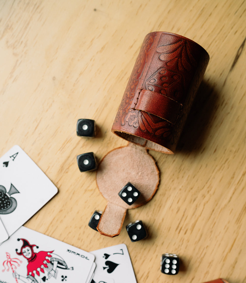 Leather Dice Cup Set - 6 Dice, Hand Tooled