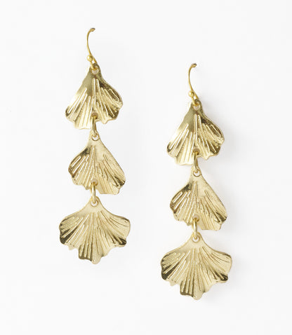 Sayuri Ginkgo Leaf Triple Drop Statement Earring - Gold