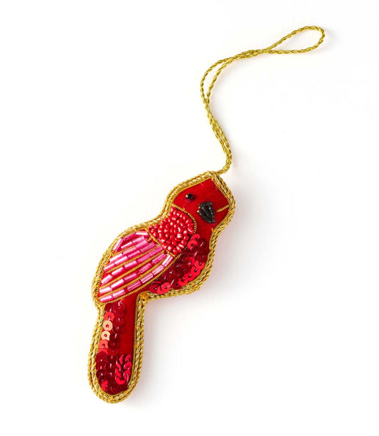 Larissa Plush Perched Cardinal Beaded Fabric Ornament - Embroidered