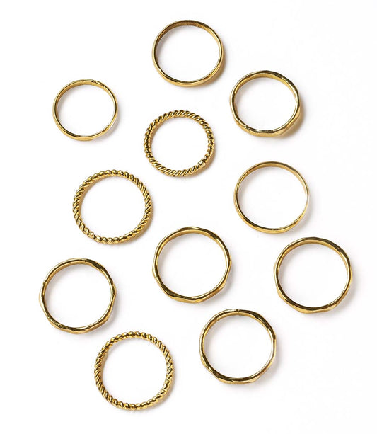 Dhera Assorted Textured Band Stacking Rings - Gold Tone