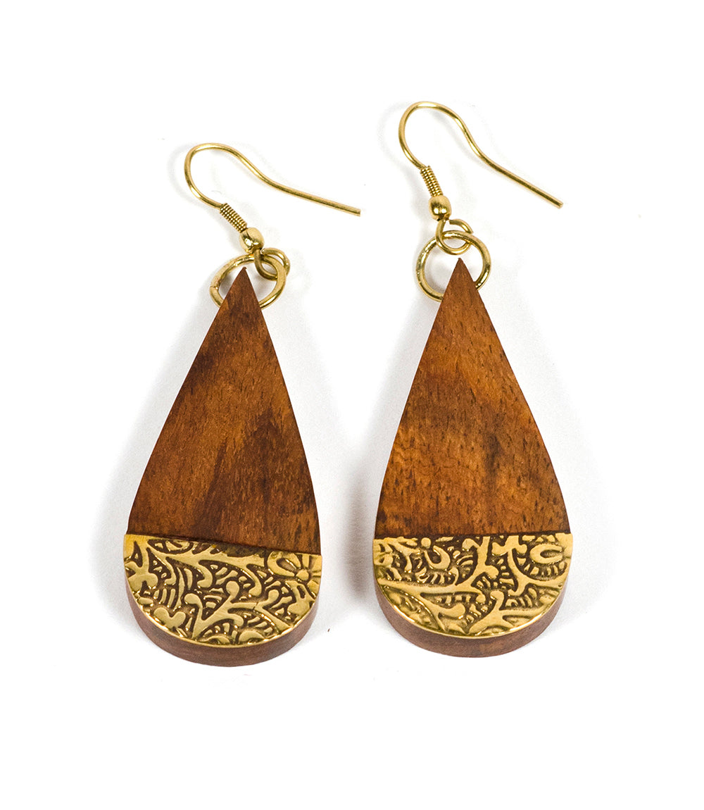 Earth and Fire Teardrop Earrings - Wood, Etched Brass