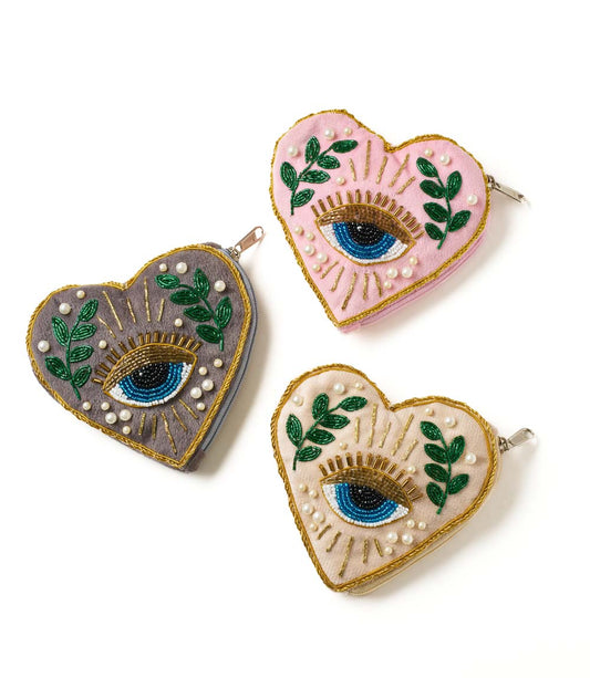 Manku Beaded Heart Zippered Coin Purse Pouch - Assorted Colors